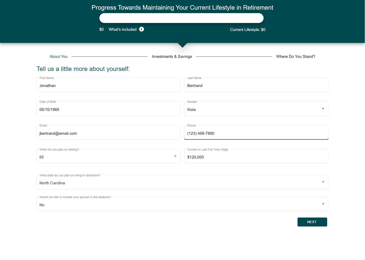 Retirement Readiness Calculator basic information form