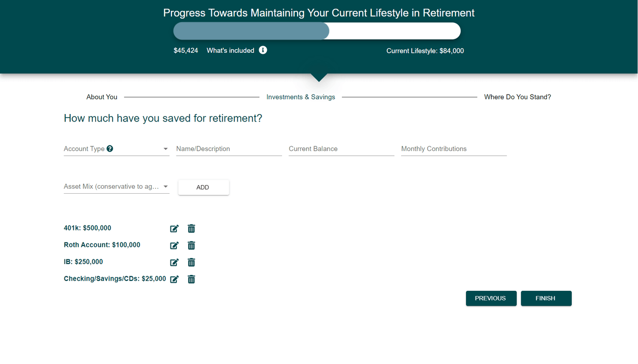 Retirement portfolio analysis showing where the prospect stands